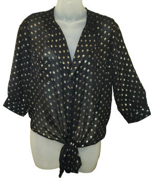 Glam Dollz Women’s Black Sheer Long Sleeve Gold Dot Tie Front Top Size S BG28